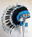 X45 - Coiffe de plumes de style indien /bonnet de guerre noir et bleu (30 pouces / 75 cm)