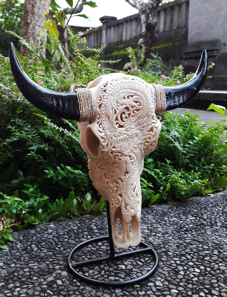Small Faux Hand Carved  Dragon Buffalo Skull with long horns made with Resin