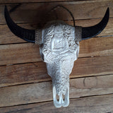 Small Faux Hand Carved  buddha Buffalo Skulls with long horns made with Resin