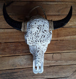 Small Faux Hand Carved  Roses Buffalo Skull with long horns made with Resin