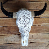 Small Faux Hand Carved  Tribal Buffalo Skull with long horns made with Resin