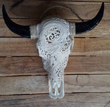 Petit crâne de buffle de dragon sculpté à la main avec de longues cornes en résine