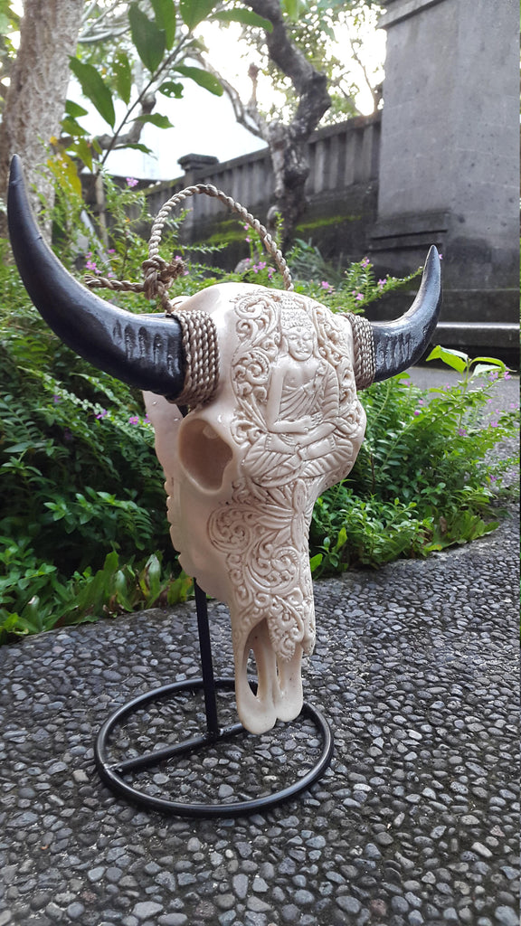 Small Faux Hand Carved  buddha Buffalo Skulls with long horns made with Resin