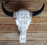 Small Faux Hand Carved  Tribal Buffalo Skulls with long horns made with Resin