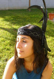 H23-Black leather headband with large rooster natural color Feathers