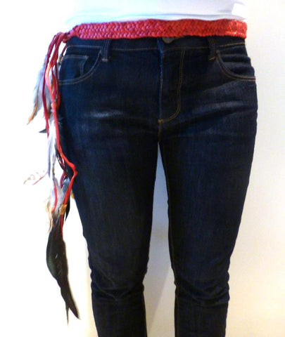 BE6-Red Braided leather Belt or Headband with feathers, plaited suede belt with feathers