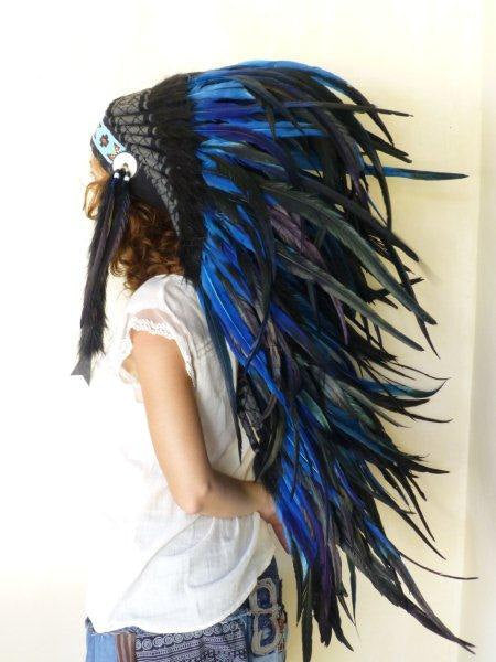 Medium Electric Blue Feather Headdress (36 inch long )