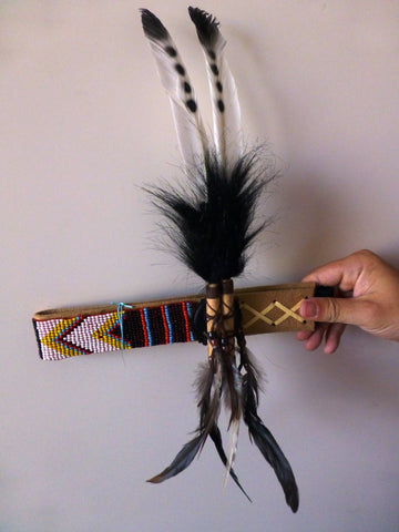 Leather headband with black and white Feathers