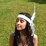 H8-White leather headband with large White Feathers