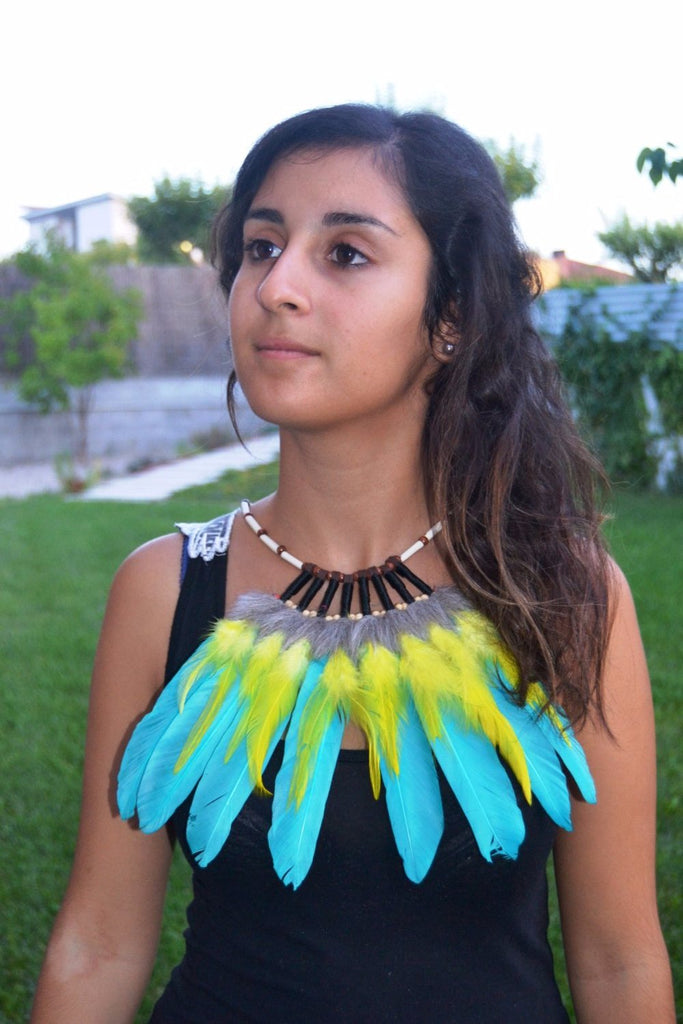J17- Turquoise and yellow Feather Necklace