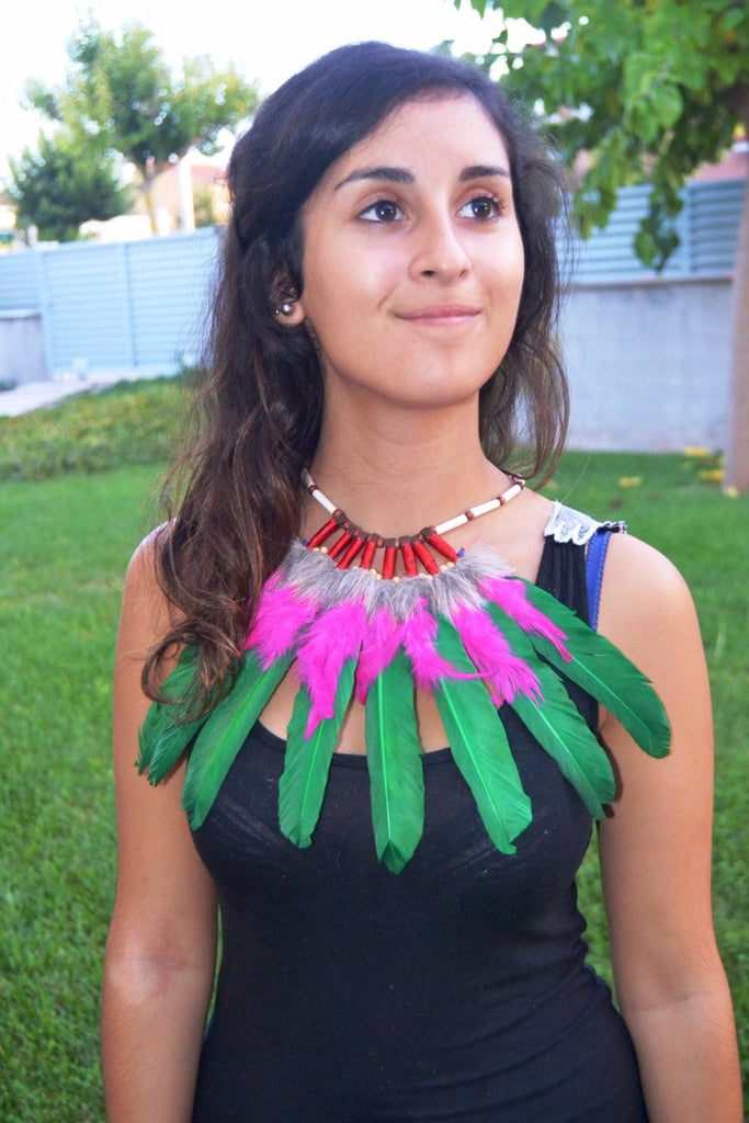 J9- Green and Pink  Feather Necklace