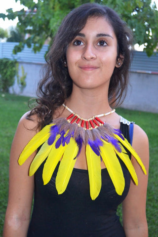 J18- Collar de plumas amarillas y moradas