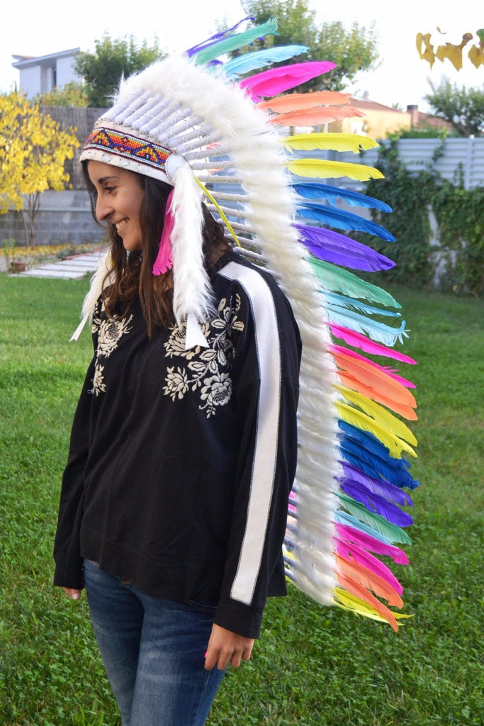 PRICE REDUCED E8-Extra Long Iris / Rainbow / colorful Chief Feather Headdress