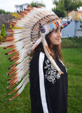 Y25 Medium three colors brown , Feather Headdress with horns ( 36inch long)
