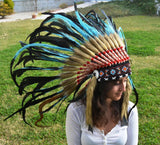 S37-Indian Light Blue / Turquoise  and dark Feather Headdress / Warbonnet