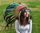 S37-Indian Light Blue / Turquoise  and dark Feather Headdress / Warbonnet