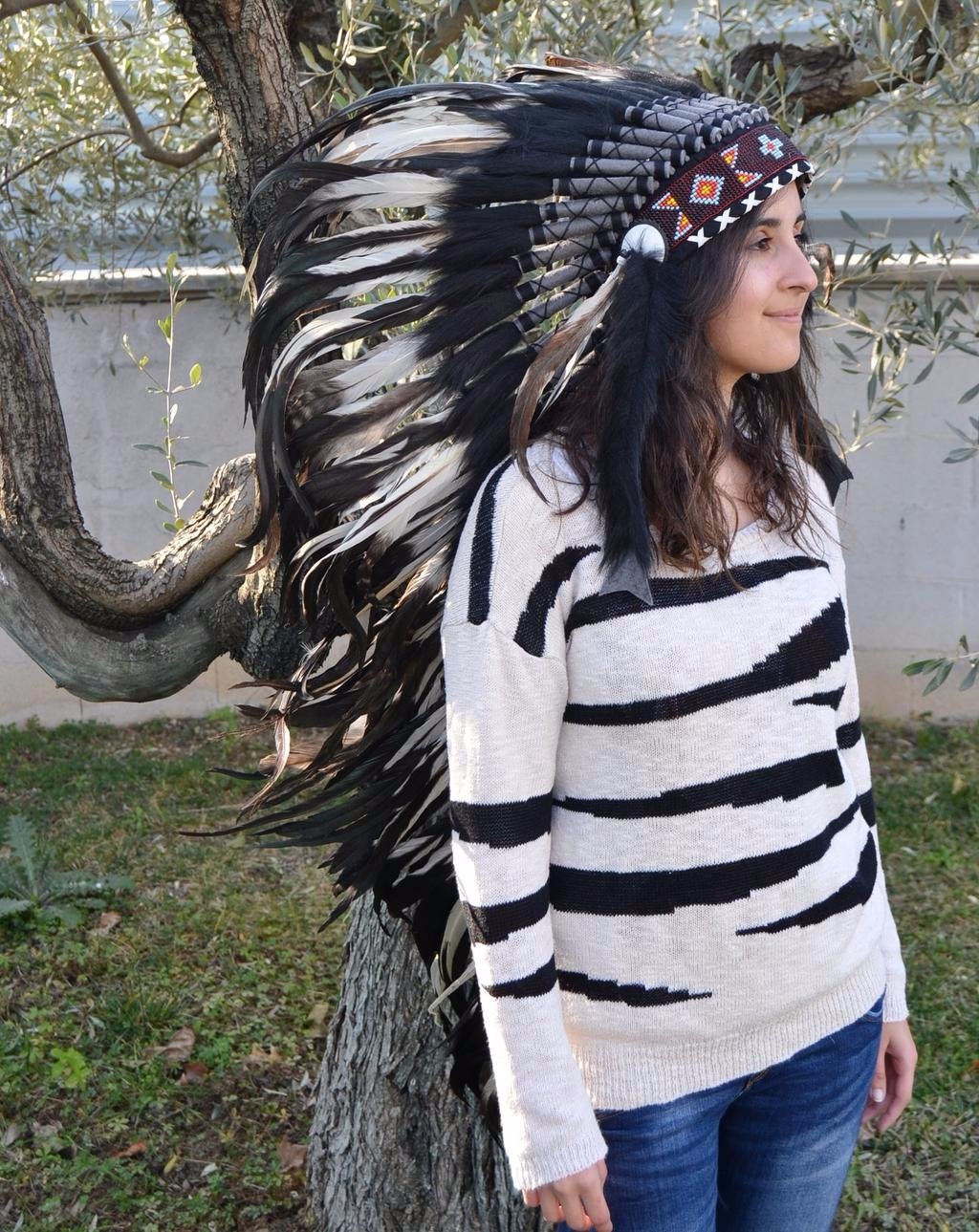 Extra Long Feather Headdress - Native Inspired War Bonnet Style (130cm) - Handmade With Real Feathers