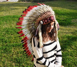 PRICE REDUCED Y07 Medium Red and Black Feather Headdress ( 36 inch long )