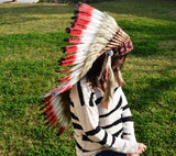 PRICE REDUCED Y07 Medium Red and Black Feather Headdress ( 36 inch long )