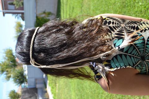 BE5-Beige Braided leather Belt or Headband with feathers, plaited suede belt with feathers