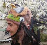 X29 Real Feather Warrior Indian Headdress  with  Horns, Native American Costume Hand Made WarBonnet Hat