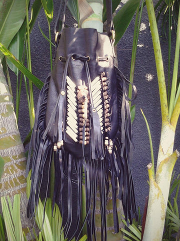 Medium Black Indian leather Handbag, Native American Style  bag. Crossbody bag