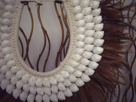Papua Native Warrior necklace with brown feathers and shells