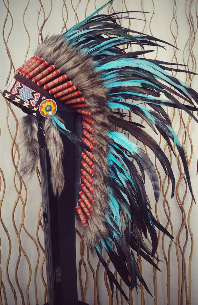 Y33 - Medium Turquoise Feather Headdress (36 inch long ).