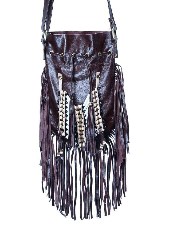 N46P- Sac à main en cuir indien marron foncé, sac de style amérindien. Sac bandoulière