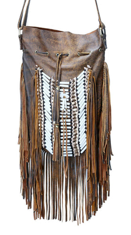 N48G- Bolso grande de cuero indio antiguo marrón, bolso estilo nativo americano. Bolso bandolera