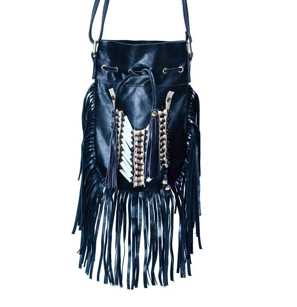 N43P- Black Indian leather Handbag, Native American Style bag. Crossbody bag