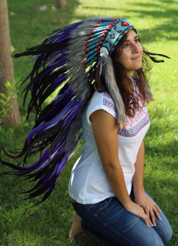PRICE REDUCED Y24 Purple Feather Headdress (36 inch long )/war bonnet.