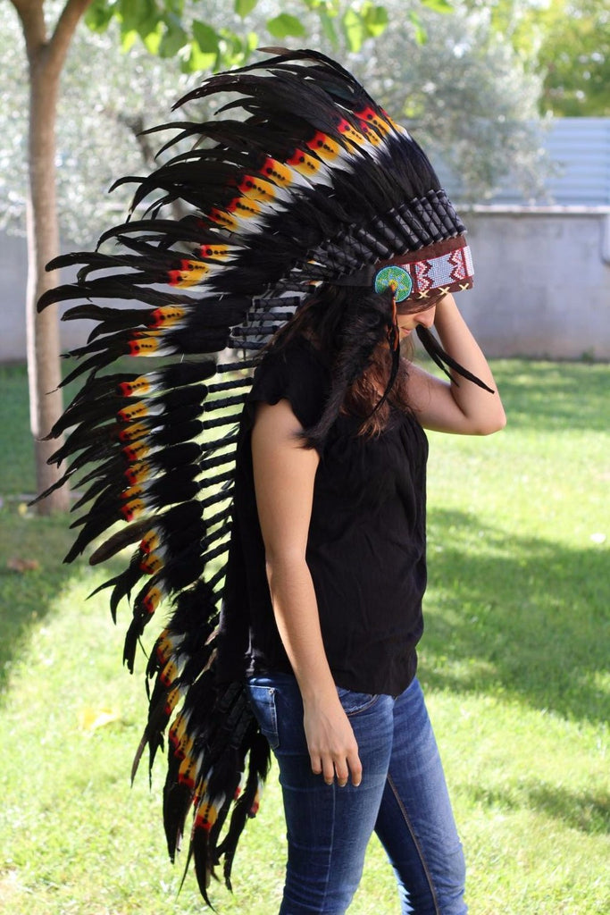 PRICE REDUCED N82- Extra Large Three colors Feather Headdress (43 inch long )