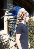 PRIX RÉDUIT M31-Style amérindien, bonnet de guerre, coiffure en plumes bleues électriques moyennes (36 pouces de long).