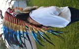PRECIO REDUCIDO M31-Estilo indio nativo americano, capó de guerra, tocado de plumas azul eléctrico mediano (36 pulgadas de largo).