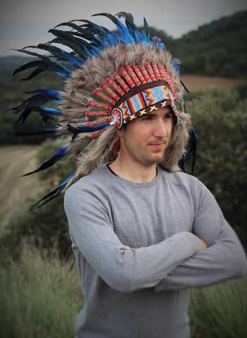 N54- Electric Blue  and dark Feather Short Headdress / Warbonnet