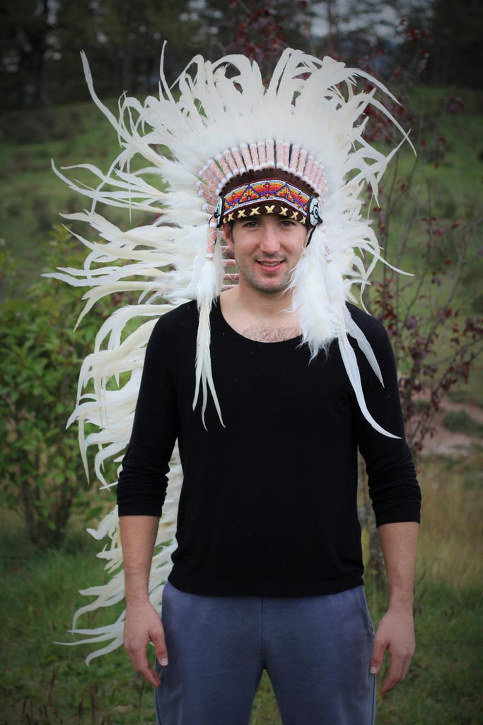 PRICE REDUCED N93- Extra Large White  Feather Headdress (43  inch long )/ war bonnet.