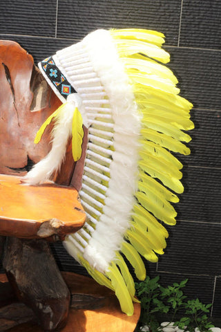 PRICE REDUCED Y32 Medium  Yellow  Feather Headdress / Native American Style Warbonnet (36  inch long ).