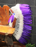 Y50 FLUOR  COLLECTION : Medium  Purple Feather Headdress / Native American Style Warbonnet (36  inch long ).