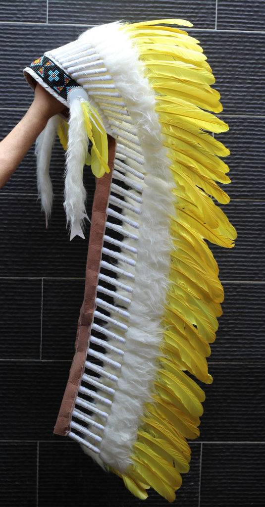 PRICE REDUCED Z28 : Extra Large Yellow Feather Headdress (43 inch long )