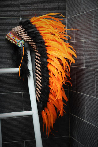 Y10 Medium  Orange  Feather Headdress (36  inch long )/ war bonnet.