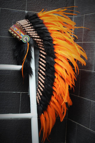 Y10 Medium  Orange  Feather Headdress (36  inch long )/ war bonnet.