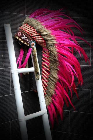 Y04 Indian Native American Style ,  Medium Pink Feather Headdress (36 inch long ).