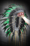 Y55 - Medium  Green  Feather Headdress (36  inch long )/ war bonnet