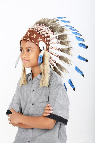 N34- From 5-8 years Kid / Child's: blue feather Headdress 21 inch. – 53,34 cm.