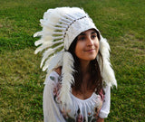 X10 White Feather Headdress ( short size) 23 inch head circumference