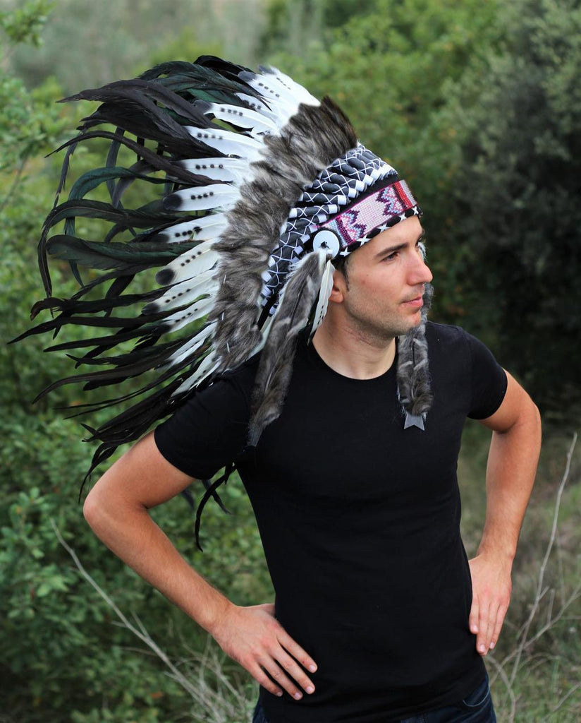 N53- Three colors black and white Feather Headdress / warbonnet double feather (30 inch / 75 cm)