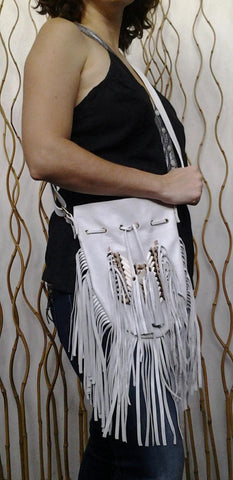 N45M- Reduced Price! Medium  White Indian leather Handbag, Native American Style bag.Crossbody bag