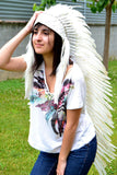 PRICE REDUCED N101- Extra Large Indian White Feather Headdress Headdress (43 inch long )