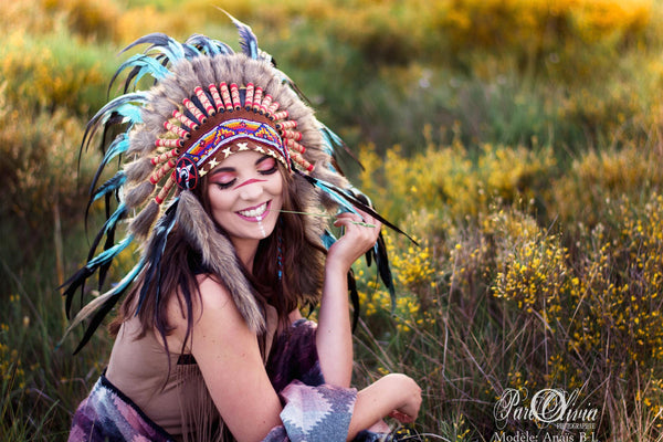 N55-Light Blue / Turquoise and dark Feather Headdress / Warbonnet ...